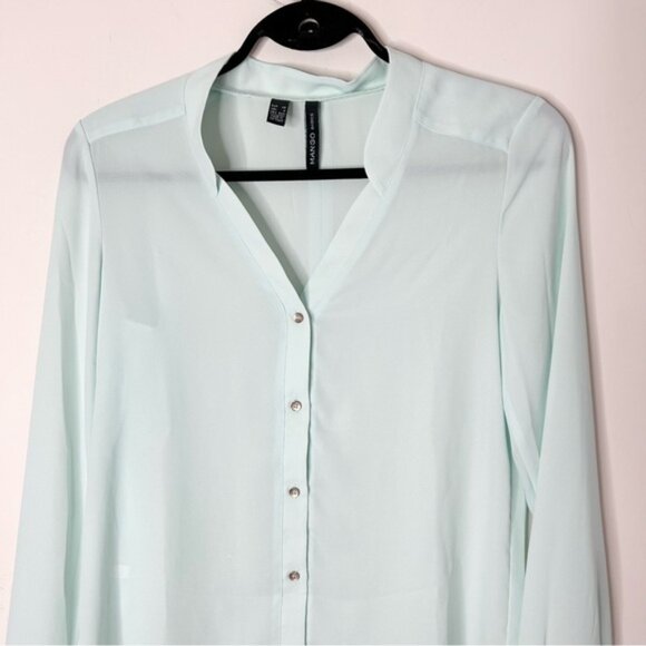MANGO Button Down Blouse Sheer Crepe Long sleeve Mint green size XS - Picture 3 of 11